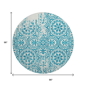 HomeRoots 8' Teal And Ivory Medallion Round Rug – Washable, UV Protected, Stain-Resistant, Stylish & Durable 663722