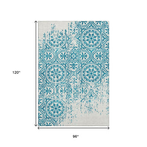 HomeRoots 8' X 10' Teal and Ivory Medallion Washable Area Rug - Durable, Stylish, UV Protected for High Traffic Spaces 663723