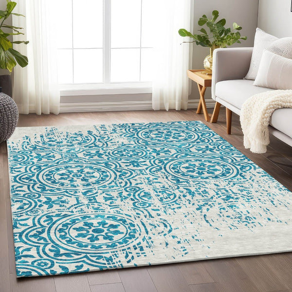 HomeRoots 8' X 10' Teal and Ivory Medallion Washable Area Rug - Durable, Stylish, UV Protected for High Traffic Spaces 663723