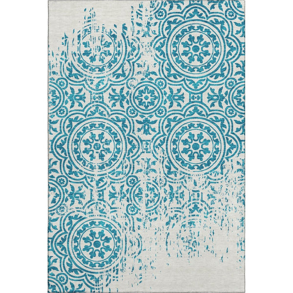 HomeRoots 8' X 10' Teal and Ivory Medallion Washable Area Rug - Durable, Stylish, UV Protected for High Traffic Spaces 663723