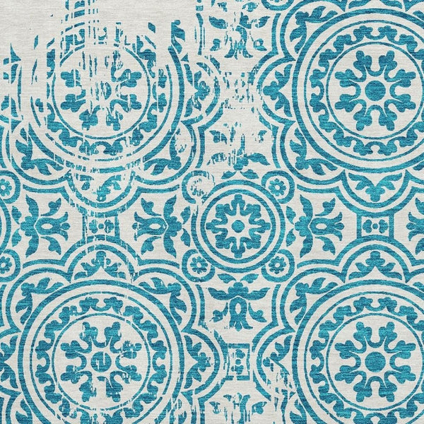 HomeRoots 8' X 10' Teal and Ivory Medallion Washable Area Rug - Durable, Stylish, UV Protected for High Traffic Spaces 663723