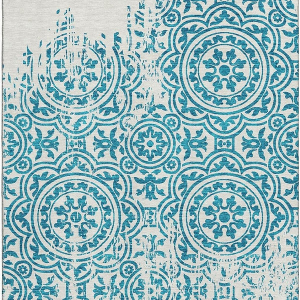 HomeRoots 8' X 10' Teal and Ivory Medallion Washable Area Rug - Durable, Stylish, UV Protected for High Traffic Spaces 663723