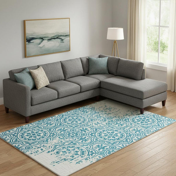 HomeRoots 8' X 10' Teal and Ivory Medallion Washable Area Rug - Durable, Stylish, UV Protected for High Traffic Spaces 663723