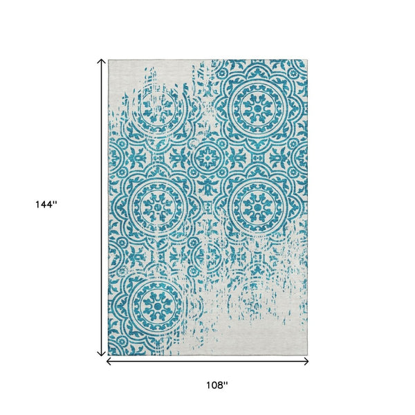 HomeRoots 9' X 12' Teal and Ivory Medallion Area Rug – Stain-Resistant, UV Protected, Washable for Easy Care 663724