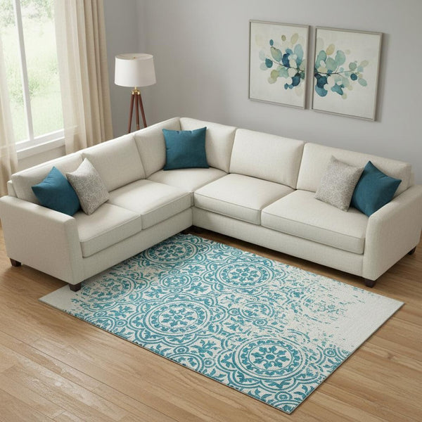 HomeRoots 9' X 12' Teal and Ivory Medallion Area Rug – Stain-Resistant, UV Protected, Washable for Easy Care 663724