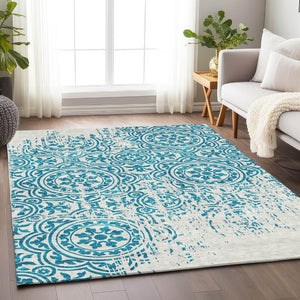 HomeRoots 9' X 12' Teal and Ivory Medallion Area Rug – Stain-Resistant, UV Protected, Washable for Easy Care 663724