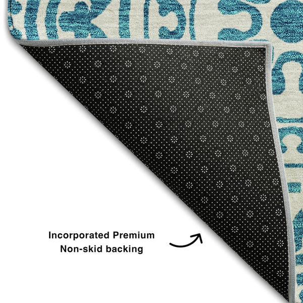 HomeRoots 9' X 12' Teal and Ivory Medallion Area Rug – Stain-Resistant, UV Protected, Washable for Easy Care 663724