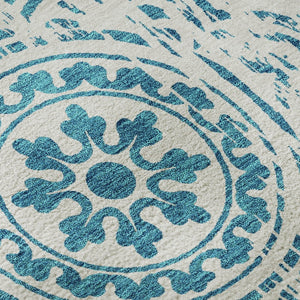 HomeRoots 9' X 12' Teal and Ivory Medallion Area Rug – Stain-Resistant, UV Protected, Washable for Easy Care 663724