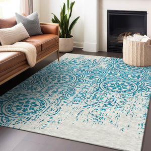 HomeRoots 9' X 12' Teal and Ivory Medallion Area Rug – Stain-Resistant, UV Protected, Washable for Easy Care 663724