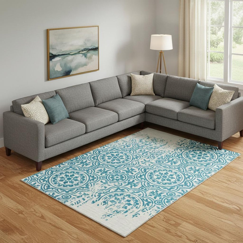 HomeRoots 10' X 14' Teal and Ivory Medallion Area Rug – Stylish, Washable, UV Protected for Busy Homes 663725