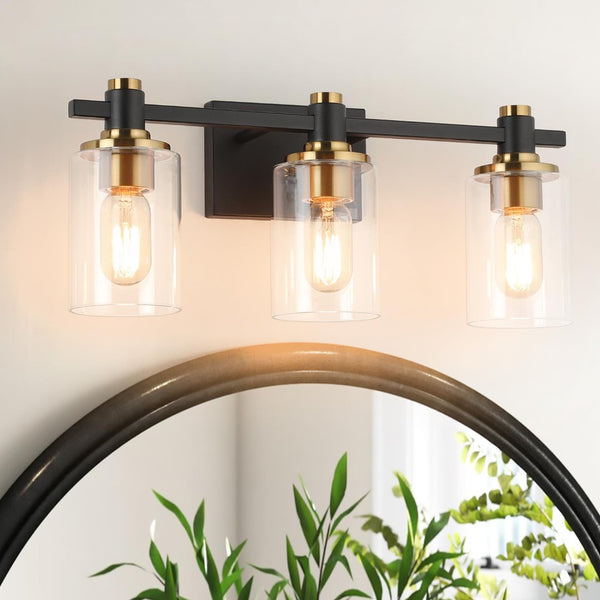 HomeRoots 8" Industrial Black and Clear Glass Armed Sconce - Plug-In Fixture for Modern Home Lighting Decor 663726