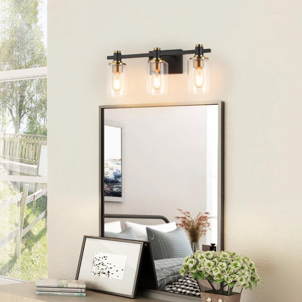 HomeRoots 8" Industrial Black and Clear Glass Armed Sconce - Plug-In Fixture for Modern Home Lighting Decor 663726