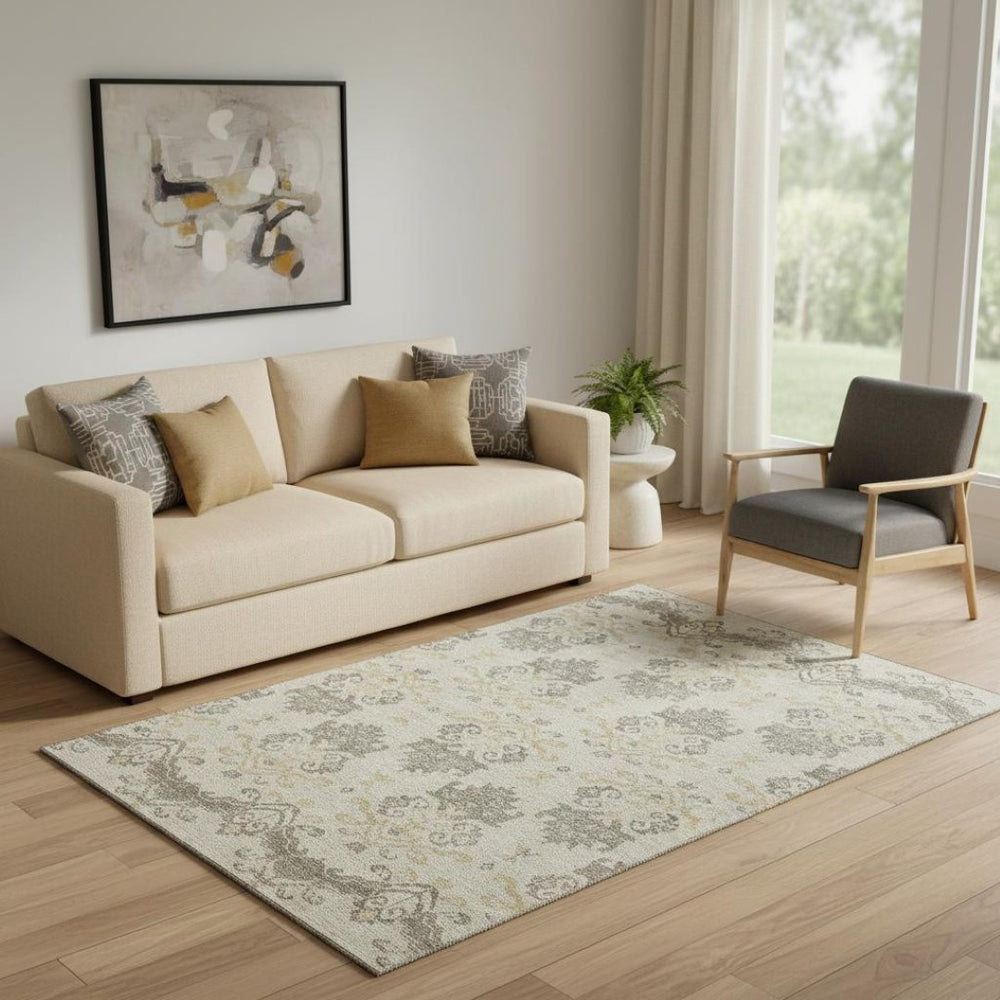 HomeRoots 5' X 8' Beige Gold Taupe Medallion Area Rug - Washable, UV-Protected, Durable, Ideal for Any Space 663728