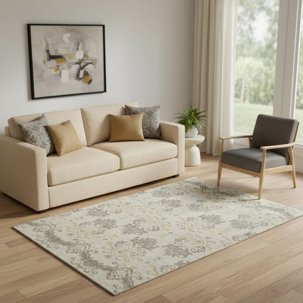 HomeRoots 5' X 8' Beige Gold Taupe Medallion Area Rug - Washable, UV-Protected, Durable, Ideal for Any Space 663728