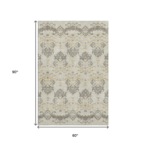 HomeRoots 5' X 8' Beige Gold Taupe Medallion Area Rug - Washable, UV-Protected, Durable, Ideal for Any Space 663728