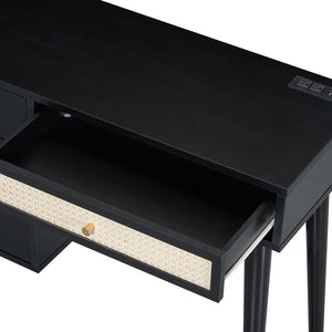 English Elm 39" Retro Bohemian Makeup Vanity Set with Rattan Drawers, USB Charging Port, Cushioned Stool, 4-Drawer Storage Black 44.1 L x 18.75 W x 10.5 H N733P180011B