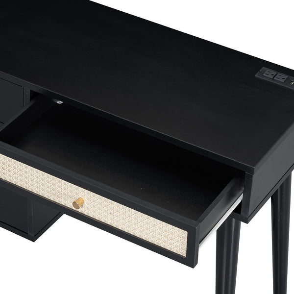 English Elm 39" Retro Bohemian Makeup Vanity Set with Rattan Drawers, USB Charging Port, Cushioned Stool, 4-Drawer Storage Black 44.1 L x 18.75 W x 10.5 H N733P180011B