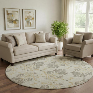 HomeRoots 8' Beige Gold Taupe Medallion Washable Round Rug - Durable, Stain-Resistant, UV Protected Style! 663729