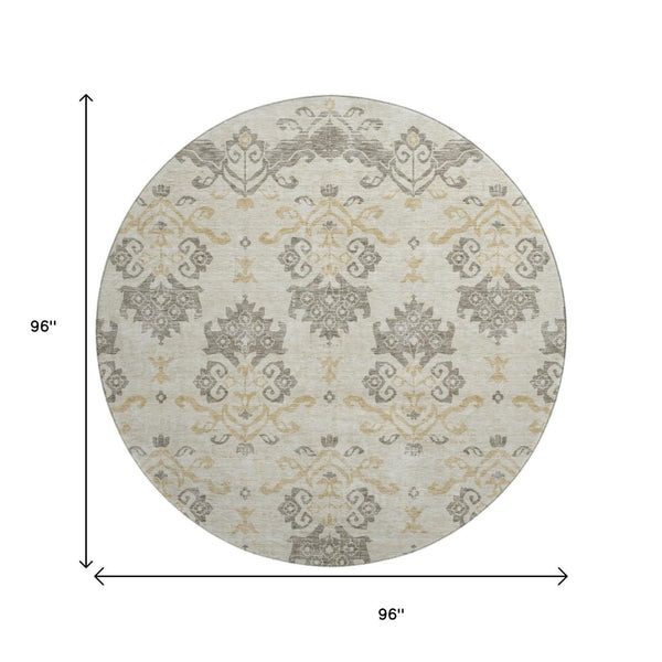 HomeRoots 8' Beige Gold Taupe Medallion Washable Round Rug - Durable, Stain-Resistant, UV Protected Style! 663729