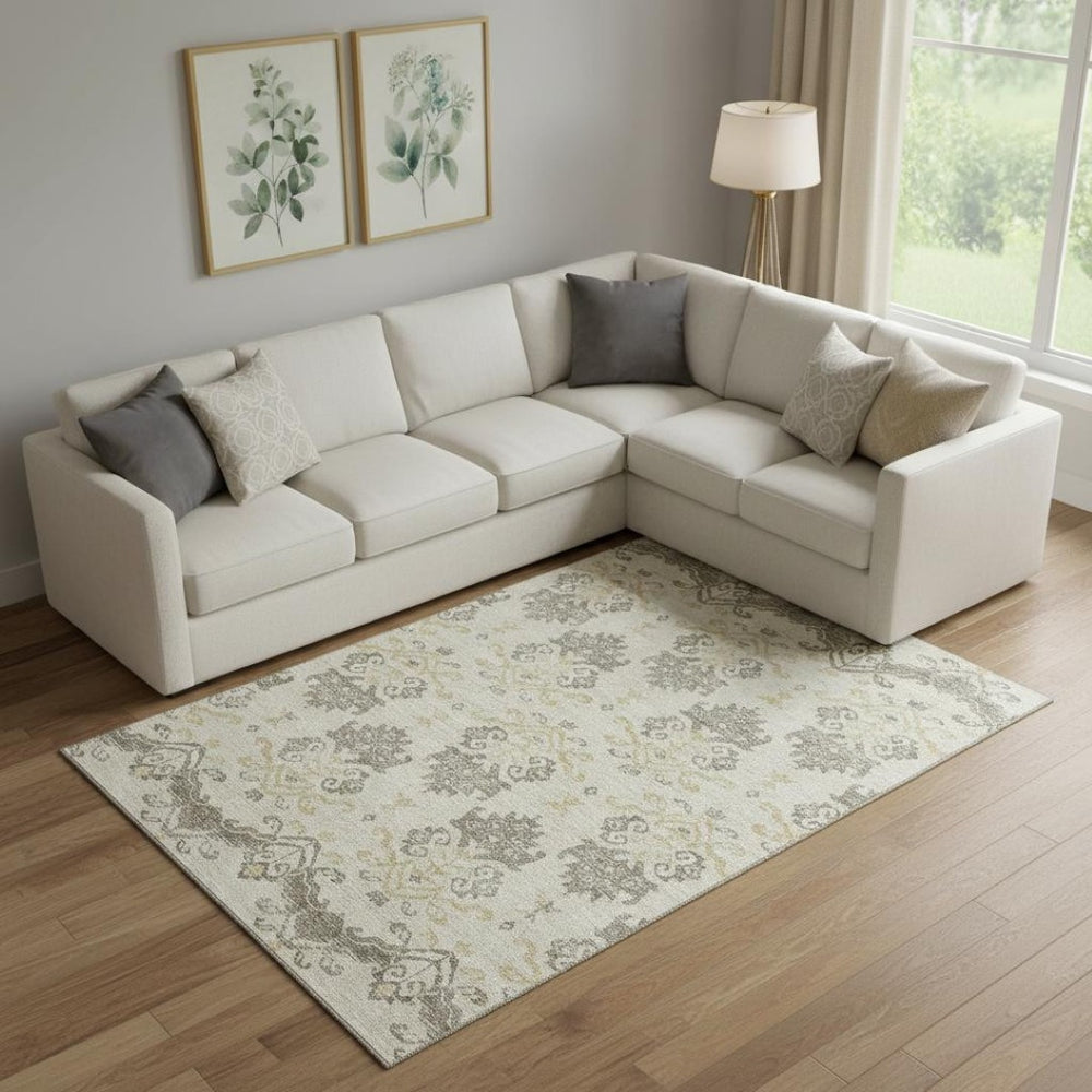 HomeRoots 8' X 10' Elegant Beige Gold Taupe Medallion Area Rug - Washable, UV Protected, Durable Design 663730