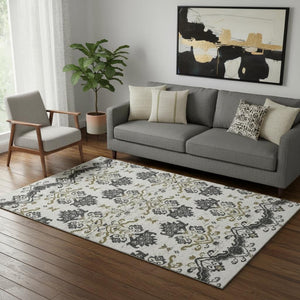 HomeRoots 5' X 8' Medallion Area Rug in Black, Beige & Gold - Washable, UV Protected, & Pet-Friendly Design! 663734