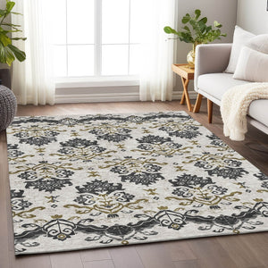 HomeRoots 5' X 8' Medallion Area Rug in Black, Beige & Gold - Washable, UV Protected, & Pet-Friendly Design! 663734