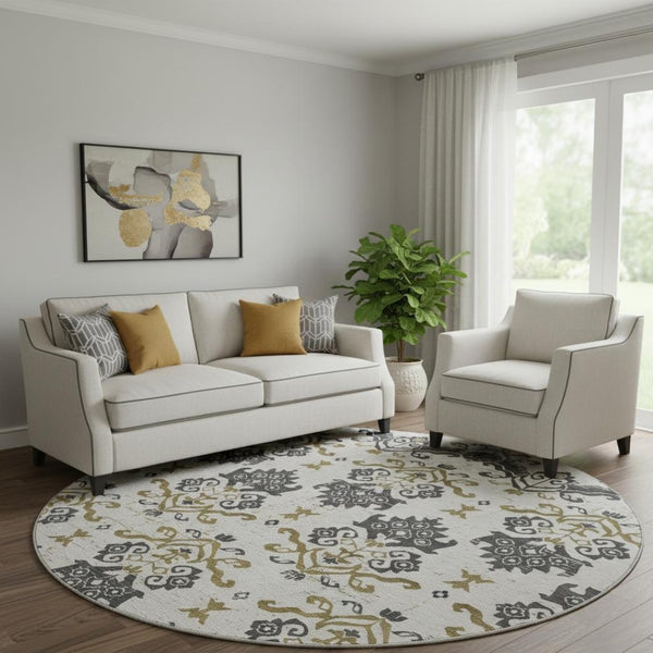 HomeRoots 8' Black Beige Gold Medallion Round Washable Rug - Durable, UV-Protected, Stylish for Any Room 663735