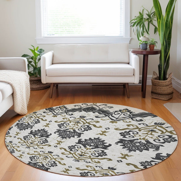 HomeRoots 8' Black Beige Gold Medallion Round Washable Rug - Durable, UV-Protected, Stylish for Any Room 663735