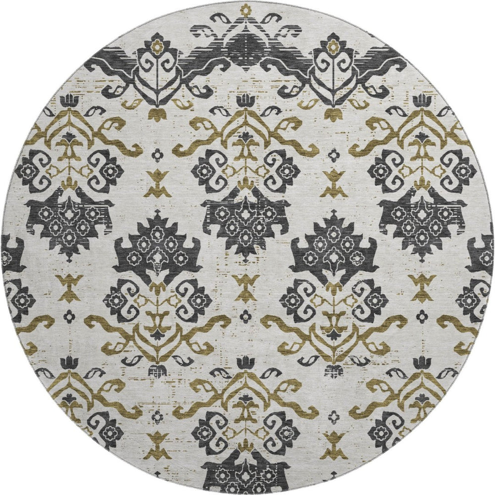 HomeRoots 8' Black Beige Gold Medallion Round Washable Rug - Durable, UV-Protected, Stylish for Any Room 663735