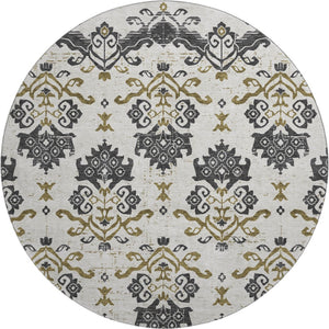 HomeRoots 8' Black Beige Gold Medallion Round Washable Rug - Durable, UV-Protected, Stylish for Any Room 663735