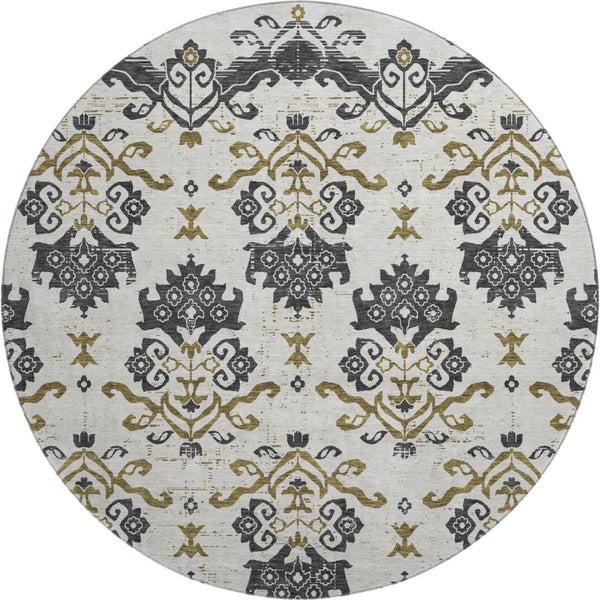 HomeRoots 8' Black Beige Gold Medallion Round Washable Rug - Durable, UV-Protected, Stylish for Any Room 663735