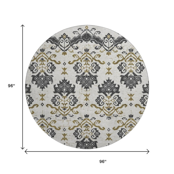 HomeRoots 8' Black Beige Gold Medallion Round Washable Rug - Durable, UV-Protected, Stylish for Any Room 663735