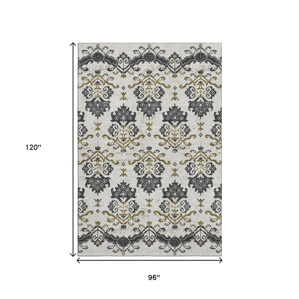 HomeRoots 8' X 10' Elegant Black, Beige, and Gold Medallion Washable Area Rug with UV Protection & Durability 663736