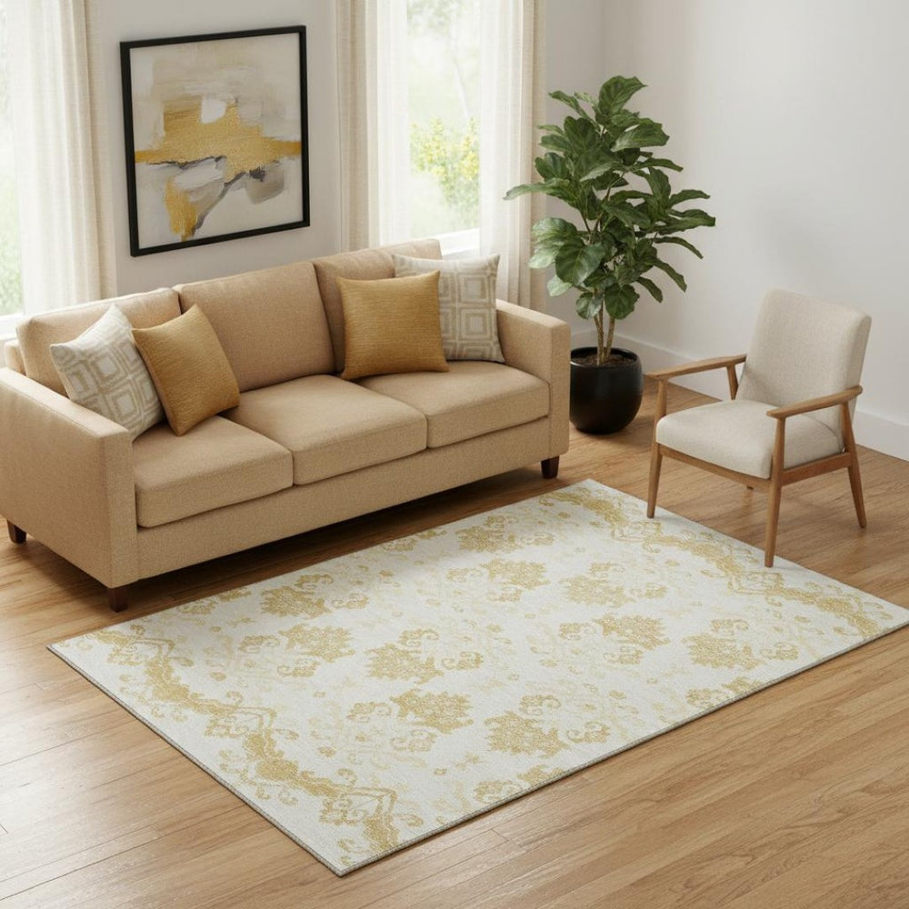 HomeRoots 5' X 8' Gold And Beige Medallion Area Rug - Washable, UV Protected, Stain Resistant for Stylish Homes 663752