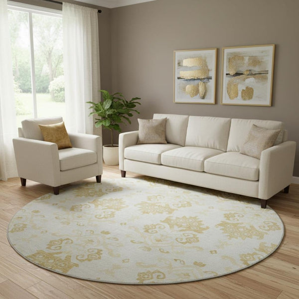 HomeRoots 8' Gold and Beige Medallion Washable Round Rug - UV Protected, Stylish, Durable & Easy-Care Design 663753