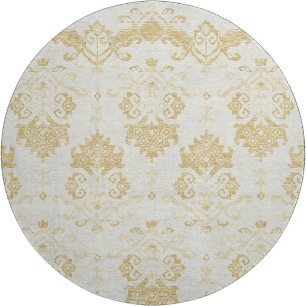 HomeRoots 8' Gold and Beige Medallion Washable Round Rug - UV Protected, Stylish, Durable & Easy-Care Design 663753