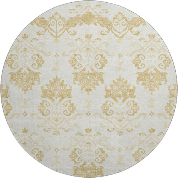 HomeRoots 8' Gold and Beige Medallion Washable Round Rug - UV Protected, Stylish, Durable & Easy-Care Design 663753