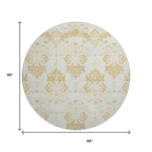 HomeRoots 8' Gold and Beige Medallion Washable Round Rug - UV Protected, Stylish, Durable & Easy-Care Design 663753