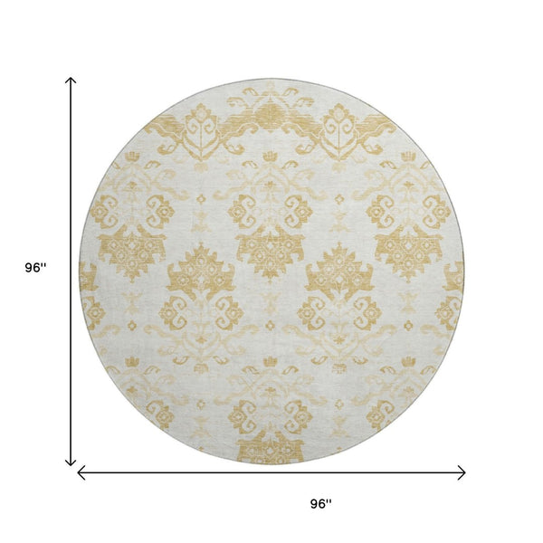HomeRoots 8' Gold and Beige Medallion Washable Round Rug - UV Protected, Stylish, Durable & Easy-Care Design 663753