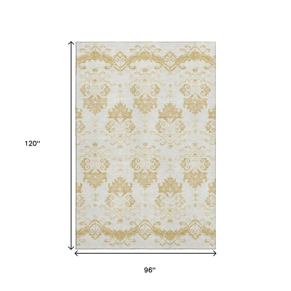 HomeRoots 8' X 10' Gold and Beige Medallion Area Rug - Washable, UV-Protected, Durable, Perfect for Busy Homes 663754
