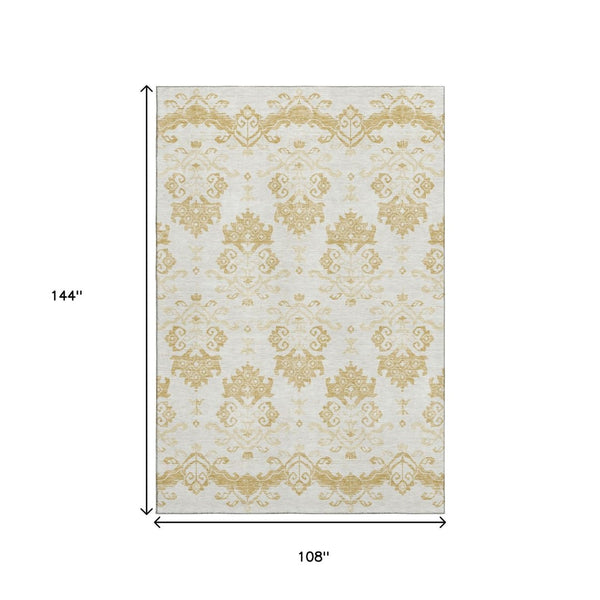 HomeRoots 9' X 12' Gold & Beige Medallion Area Rug – Washable, Stain Resistant, UV Protected for Any Space 663755
