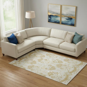 HomeRoots 9' X 12' Gold & Beige Medallion Area Rug – Washable, Stain Resistant, UV Protected for Any Space 663755