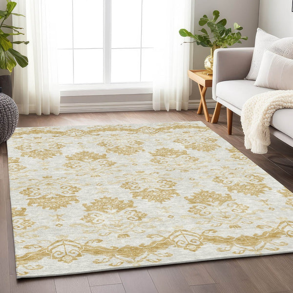 HomeRoots 9' X 12' Gold & Beige Medallion Area Rug – Washable, Stain Resistant, UV Protected for Any Space 663755