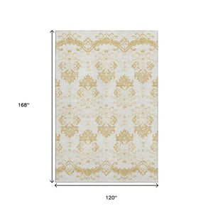 HomeRoots 10' Gold and Beige Medallion Area Rug - Washable, UV Protected, Stain Resistant for High-Traffic Homes 663756