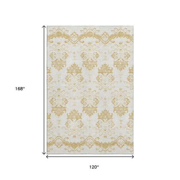 HomeRoots 10' Gold and Beige Medallion Area Rug - Washable, UV Protected, Stain Resistant for High-Traffic Homes 663756