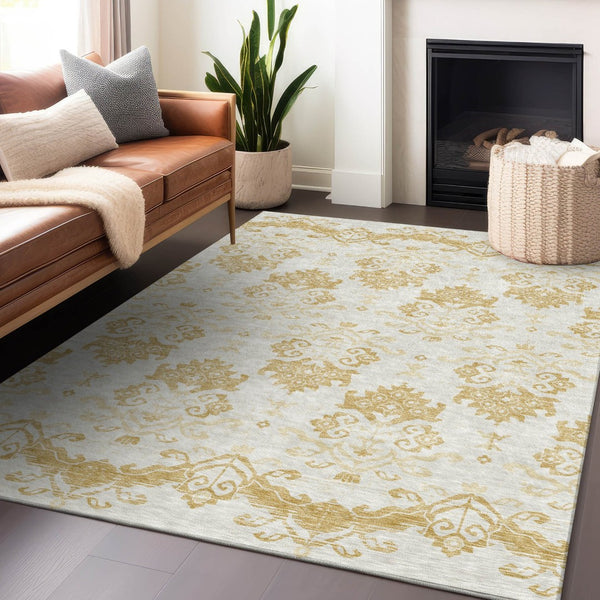 HomeRoots 10' Gold and Beige Medallion Area Rug - Washable, UV Protected, Stain Resistant for High-Traffic Homes 663756