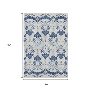 HomeRoots 5' X 8' Navy Blue Medallion Washable Area Rug – Elegant, Durable, UV-Protected for Busy Homes! 663776