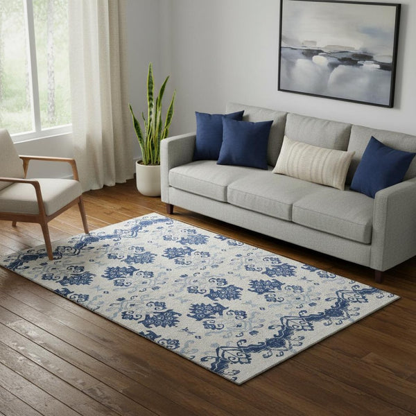 HomeRoots 5' X 8' Navy Blue Medallion Washable Area Rug – Elegant, Durable, UV-Protected for Busy Homes! 663776