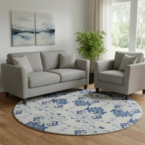 HomeRoots 8' Navy Blue and Ivory Medallion Round Rug – Washable, UV-Protected, Stylish Design for Any Space 663777