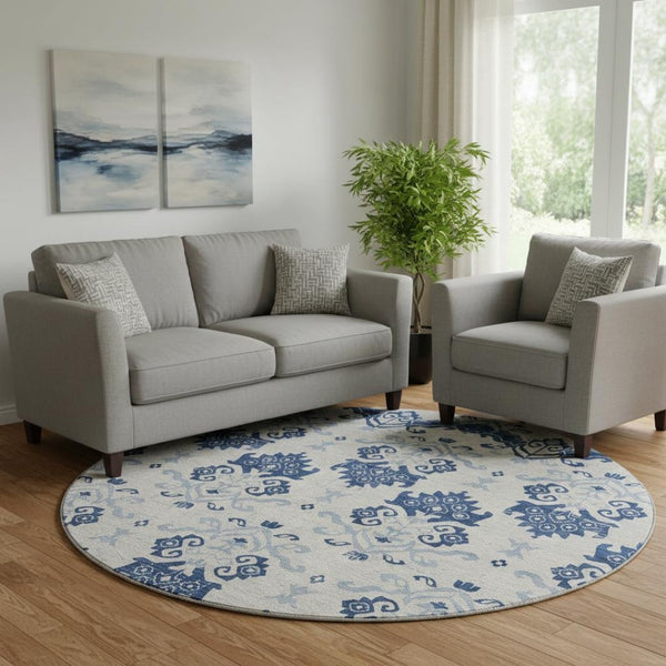 HomeRoots 8' Navy Blue and Ivory Medallion Round Rug – Washable, UV-Protected, Stylish Design for Any Space 663777